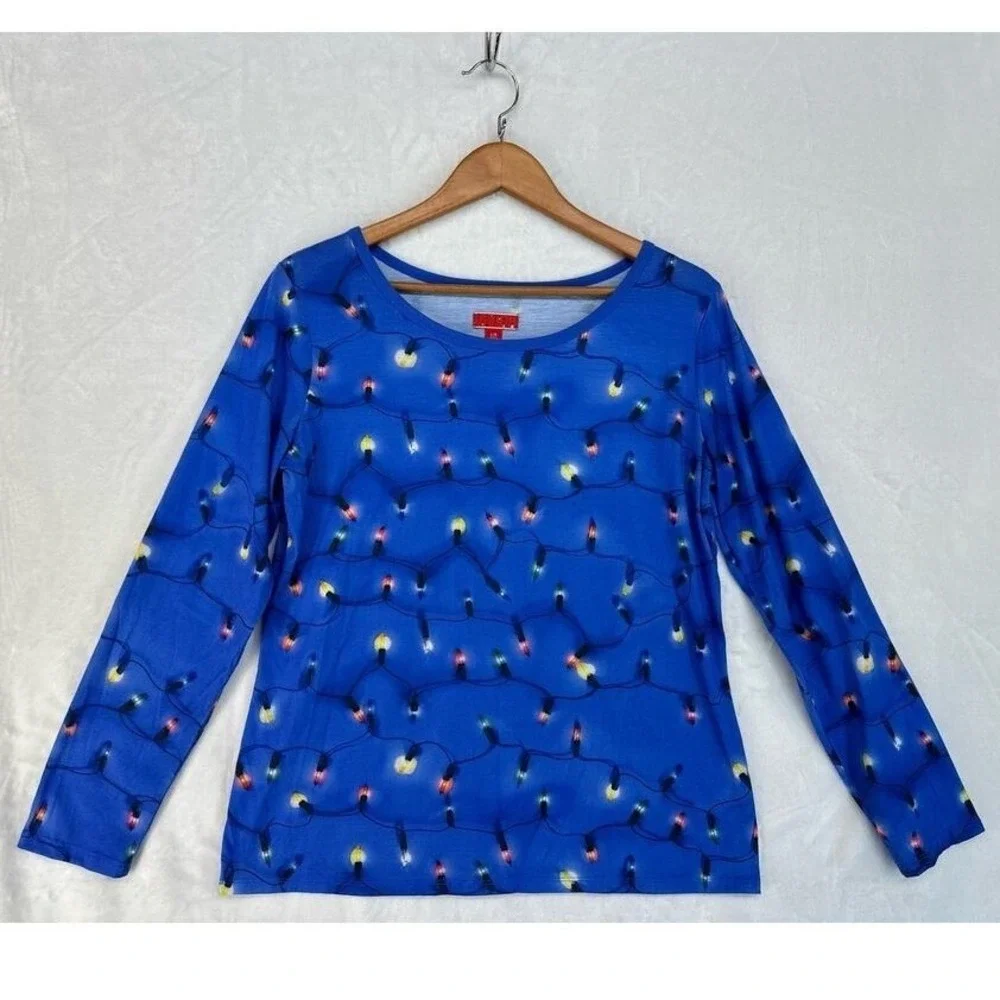Target Christmas Lights PJ Top‎ Womens Large Blue Scoop Neck Long Sleeve Tee